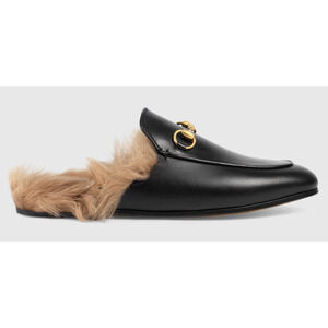 Gucci Princetown Black Leather Fur Loafer Slide Slip On Mule Slipper Flat 36